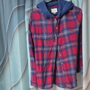 American Eagle Outfitters Red Plaid Button-Down Shirt with Blue Hoodie